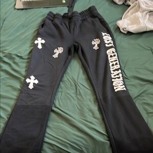 Black and White Track Pants with Cross Design
